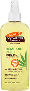 A bottle of PALMERS COCOA BUTTER HEMP BODY OIL with a yellow label, green hemp leaf illustration, and white cap.